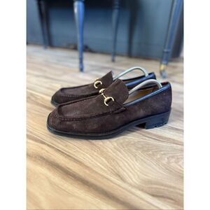 Gucci Mens Dark Brown Chocolate Suede Gold Horse-bit Buckle Loafers Size 10